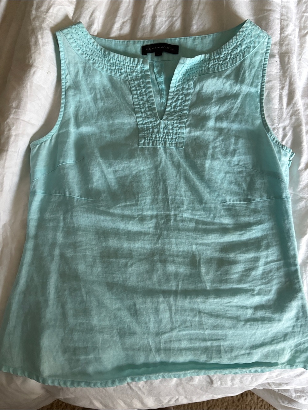 Cleopatra Light Turquoise or Aqua Blue Sleeveless Linen Split-Neck Blouse / Tank